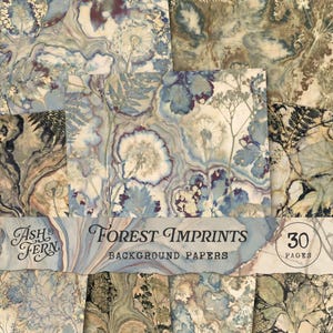 Op de afbeelding: Een collectie van 30 achtergrondpapieren getiteld Ash & Fern Forest Imprints. De papieren bevatten botanische afdrukken van varens, paardenbloemen en wilde bloemen in blauw-, groen- en bruintinten met gemarmerde texturen en plantensilhouetten.