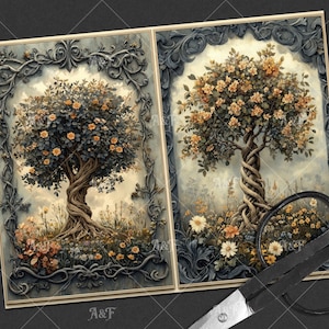 Pode incluir: Duas impress&otilde;es de arte emolduradas com ilustra&ccedil;&otilde;es detalhadas de &aacute;rvores com troncos torcidos e abundantes flores amarelas. A obra de arte &eacute; definida contra um fundo macio e nublado e emoldurada com bordas cinza escuro ornamentadas. As letras "A&F" est&atilde;o na parte inferior das impress&otilde;es.