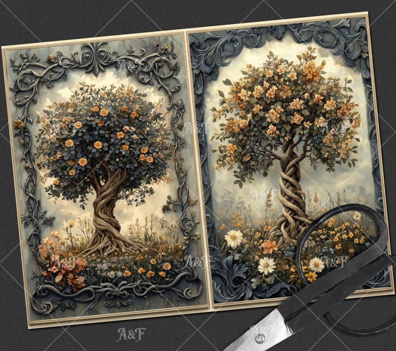 Pode incluir: Duas impress&otilde;es de arte emolduradas com ilustra&ccedil;&otilde;es detalhadas de &aacute;rvores com troncos torcidos e abundantes flores amarelas. A obra de arte &eacute; definida contra um fundo macio e nublado e emoldurada com bordas cinza escuro ornamentadas. As letras "A&F" est&atilde;o na parte inferior das impress&otilde;es.