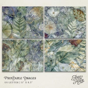 May include: Four-panel printable images featuring botanical designs with leaves and flowers in shades of green, blue, and brown. The text "Printable Images" and "US Letter | 11" X 8.5" are visible. The Ash & Fern logo is in the bottom right corner.