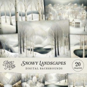 Snötäckta landskap utskrivbara digitala bakgrunder: Vinterskog, bergsscener, vita naturpapper för skräpjournal, collage, pyssel