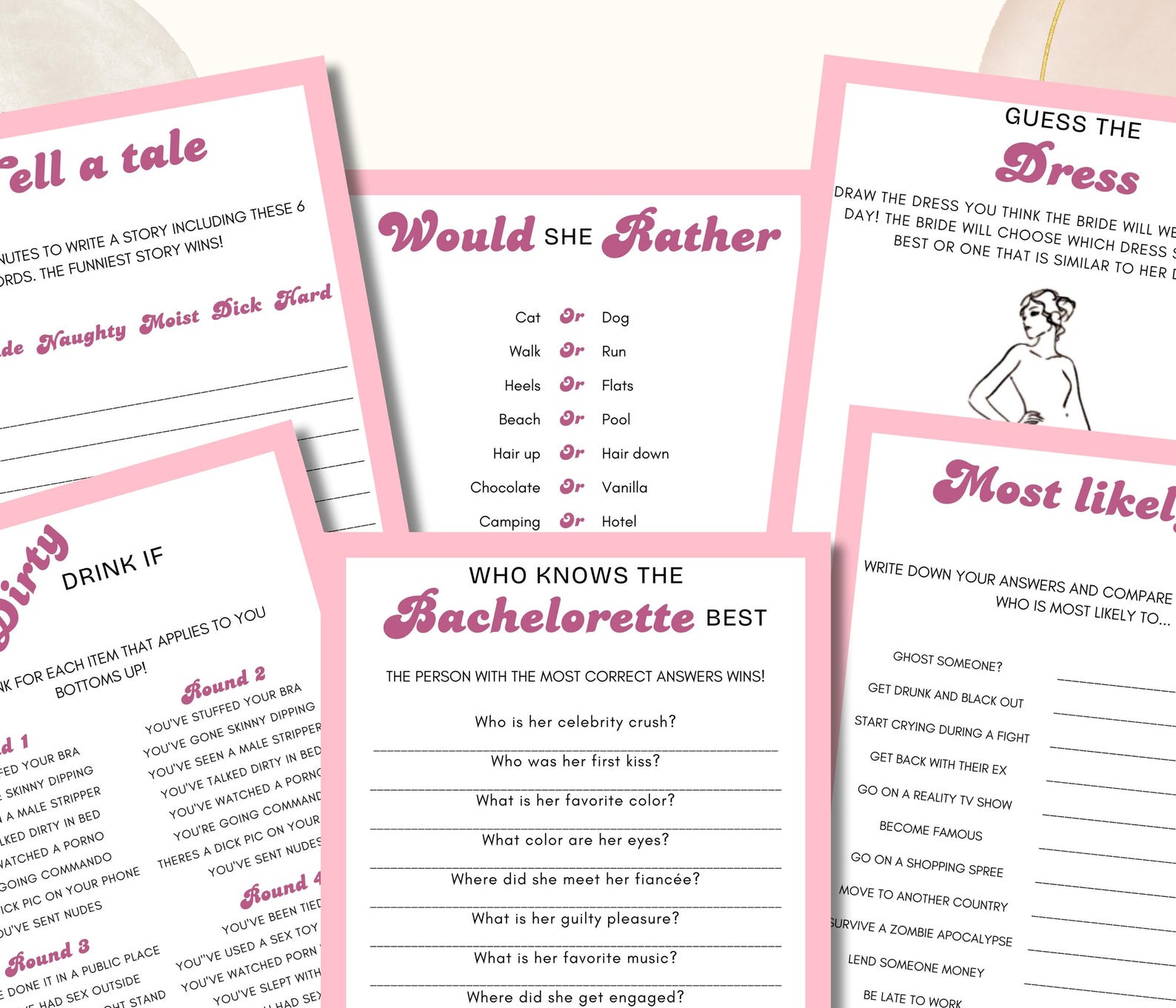 She Games Bachelorette Party Games, Bride Shower Game, Six Bachelorette Games ...