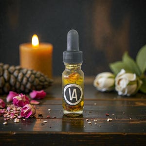 Può includere: Una piccola bottiglia di vetro con contagocce nero riempita di liquido giallo ed elementi floreali. La bottiglia ha un'etichetta circolare con le lettere "VA" e la parola "LOVE". Una candela arancione accesa, una pigna e petali di rosa sullo sfondo.