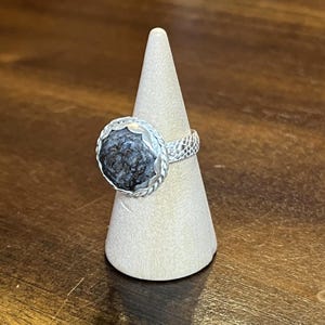 May include: A silver ring with a large, round, dark gray stone. The stone is set in a decorative silver bezel with a textured band. The ring is displayed on a light beige cone-shaped stand.