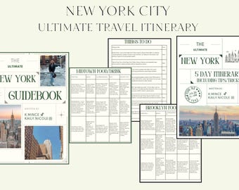 May include: A collection of travel guides and itineraries for New York City. The guides include the text "New York Guidebook" and "5 Day Itinerary" with images of the city. The guides are written by K. Mince and Kaily Nicole.