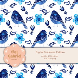 Op de afbeelding: Digitaal naadloos patroon met aquarel illustraties van blauwe vogels, bloemen en bladeren op een witte raster achtergrond. Het ontwerp bevat de tekst "Cat Gabriel Designs" en "Digital Seamless Pattern".