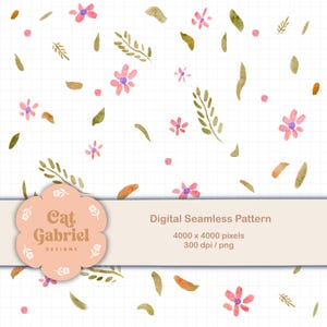Könnte beinhalten: Ein digitales nahtloses Muster mit Aquarellillustrationen von rosa Blumen, grünen Blättern und orangefarbenen Akzenten auf einem weißen Gitterhintergrund. Das Design enthält den Text "Cat Gabriel Designs" und "Digital Seamless Pattern".