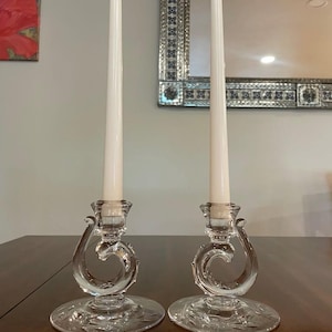 Fostoria Century decorative crystal candlesticks with etched bases, set of 2