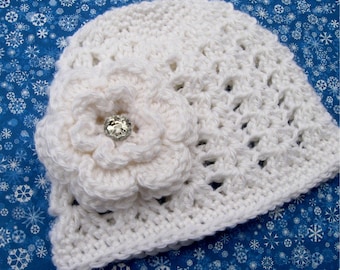 Crochet Baby Hat, Knit Baby Hat, Baby Girl Hat, Newborn Girl Hat, Toddler Girl Hat, Girl Hat, You Pick Color and Size Plus 2 Flowers