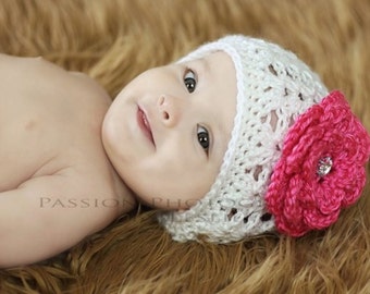 Baby Girl Hat With 2 Interchangeable Flowers , Crochet Baby Girl Hat, Newborn Baby Girl Hat, Toddler Girl Hat, You Choose Color and Size