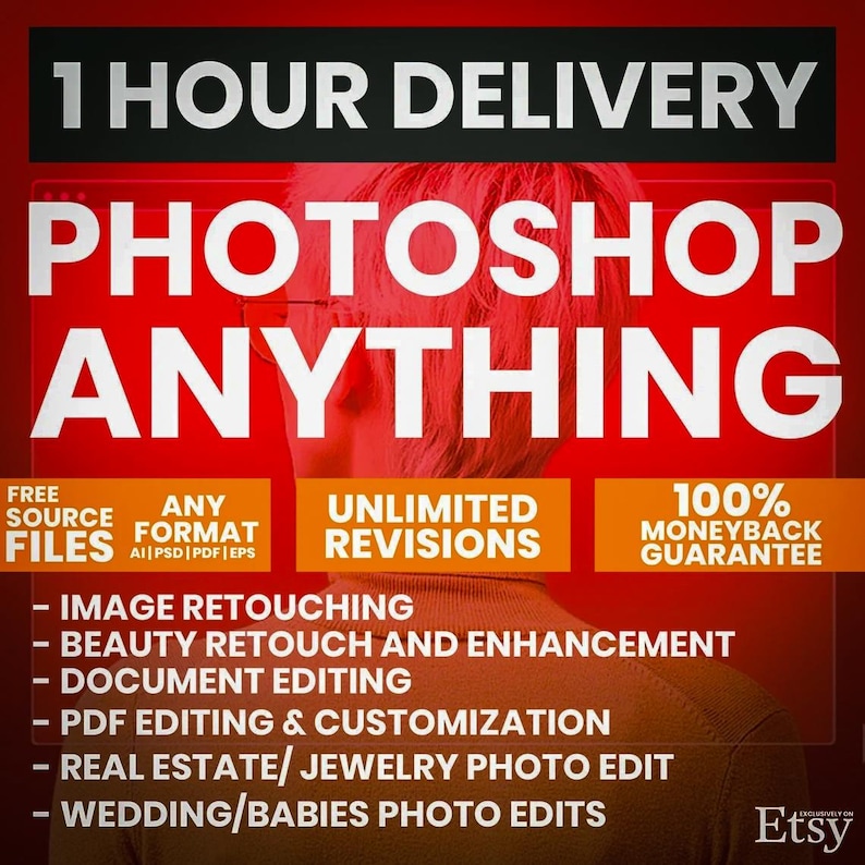 May include: A red and white graphic promoting Photoshop services. The text reads "1 Hour Delivery Photoshop Anything" with additional text about free source files, any format, unlimited revisions, and a money-back guarantee. Services include image retouching and document editing.