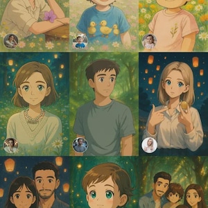 Könnte beinhalten: Eine digitale Kunstcollage mit verschiedenen Anime-Illustrationen von Menschen. Die Bilder zeigen Einzelpersonen und Familien, mit einem Fokus auf Kinder und Erwachsene in Außenbereichen. Die Farbpalette ist weich und natürlich, mit einem skurrilen Gefühl.