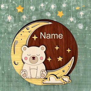 Plaque Murale Personnalisée pour bébé, Fichier Découpé au Laser, Panneau Rond Ours et Lune, , Svg Dxf Ai Pdf Cdr, Téléchargement Immédiat.