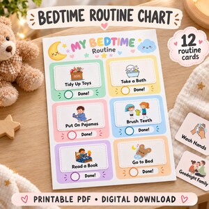 Peut inclure: Un tableau de routine du coucher imprimable avec des illustrations colorées et du texte pour des tâches quotidiennes comme ranger les jouets, prendre un bain, mettre son pyjama, se brosser les dents, lire un livre et aller au lit.