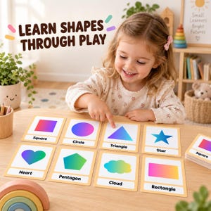 Puede incluir: Un conjunto de tarjetas educativas con formas de degradado coloridas que incluyen un cuadrado, círculo, triángulo, estrella, corazón, pentágono, nube y rectángulo. Cada tarjeta muestra el nombre de la forma en texto negro bajo la ilustración.
