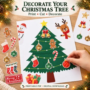 Peut inclure: Une feuille d'activité imprimable de sapin de Noël avec un arbre vert et une étoile jaune, décoré de découpages en papier de cloches, bonshommes en pain d'épice, sucres d'orge, chaussettes et boules. Le texte indique Decorate Your Christmas Tree.