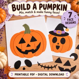Peut inclure: Un ensemble d'activités imprimables intitulé Build a Pumpkin avec le texte Mix, match & make funny faces! et 7 face designs. Il comprend deux feuilles blanches avec des illustrations de citrouilles orange, dont une avec un chapeau de sorcière noir, et des découpes en papier noir pour les yeux, le nez et la bouche.