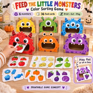 May include: A Feed the Little Monsters color sorting game featuring 6 cardboard monster boxes in yellow, green, blue, red, orange, and purple. Includes 36 food cards with illustrations of fruits, vegetables, and snacks for interactive play.