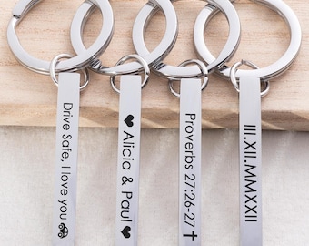 Engraved 4-Side Bar Keychain, Personalized Stainless Steel Keychain