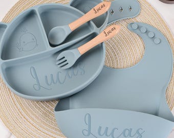 Personalized Silicone Baby Weaning Set: Custom Plate & Bib