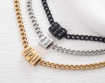Custom Men's Name Bead Necklace, Personalized Stainless Steel Chain, Father's Day Gift
