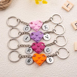 Personalisation Couple Boyfriend Girlfriend Gift,Custom Engraved Heart Key Ring for Couples,Building Block Keychain with Letter Charms