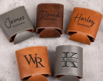 Personalized Engraved Leather Can Cooler, Custom Groomsmen Beer Holder