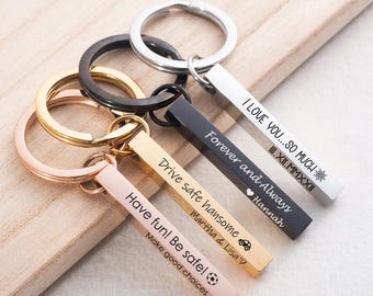Llavero personalizado de 4 lados con barra: coordenadas grabadas, regalo para conducir con seguridad.