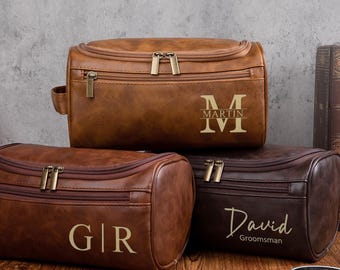 Personalized Leather Toiletry Bag, Laser Engraved Dopp Kit, Groomsmen Travel Case