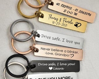 Chaveiro retangular de aço inoxidável gravado, chaveiro personalizado, presente de casal, dirija com segurança, eu te amo, chaveiro personalizado Be Safe para homens/mulheres