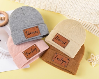 Berretto lavorato a maglia personalizzato per bambini, toppa in pelle, nome personalizzato