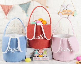 Personalized Corduroy Easter Basket,Kids Bunny Basket with Name,Easter Gift for Kid,Embroidered Easter Basket,Cute Bunny Ears Bucket