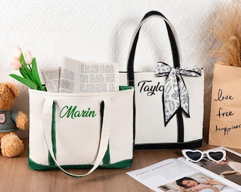 Embroidered Personalized Canvas Tote Bag, Custom Text
