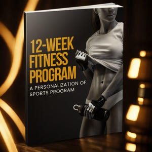 Könnte beinhalten: Schwarzes Buchcover mit dem Titel "12-Week Fitness Program" in goldener Schrift. Das Bild zeigt eine Person in Sportkleidung, die eine Wasserflasche hält und ihr Shirt anhebt. Der Text darunter lautet "A Personalization of Sports Program".