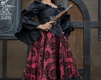 Deluxe Weinroter und Schwarzer Saloon-Rock, Steampunk, Pirat, Renaissance, Hochzeit, Goth, Rock