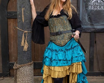 Teal Fancy Saloon Skirt, Steampunk Fairy, Pirate, Fantasy, Long Skirt Ruffles, Renaissance Festival, Ren Fair
