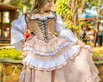 Falda rosa con volantes blancos del Salvaje Oeste, volantes altos-bajos, traje de pirata para mujer, renacentista, steampunk, saloon girl, occidental