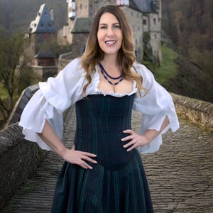 Green and Blue Celtic Plaid Corset Set, Renaissance, Ren Faire, Medieval, Western, Peasant Blouse, Wench, Pirate, Scottish
