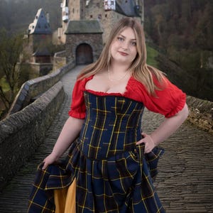 Navy and Yellow Celtic Plaid Corset Set, Renaissance, Ren Faire, Medieval, Western, Peasant Blouse, Wench, Pirate, Scottish