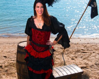 Rood op rood brokaat piratenkorset, Victoriaans korset, kostuum, steampunk, Renaissance Festival, Victoriaanse vampier, Ren Fair, Halloween, korset