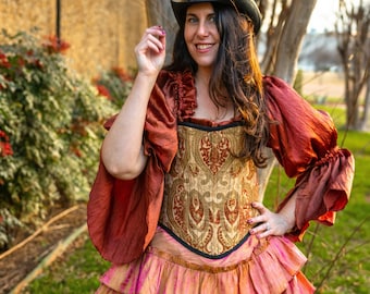 Burnt Orange, Gold, and Cream Victorian Steel Boned Corset