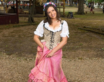 Cream and Pink Outfit, Pirate Corset, front lace, back lace, with straps, Victorian, Elizabethan, Renaissance, Steampunk, Stays, Costume