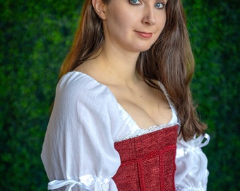 Ribbon White Cotton Chemise, Renaissance,  Peasant Blouse, Shirt