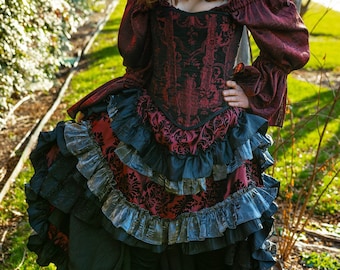 Burgundy and Black with Silver Ruffles Wild West Skirt, Western Steampunk, Bustle, Pirate, Wild West World, High-Low, Renaissance, Maroon