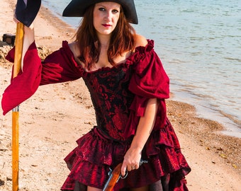 Burgundy w Black Shimmer Fancy Saloon Girl Skirt , Steampunk, Pirate, Renaissance, Medieval, Victorian, Western, Wild West World, Ren Fest