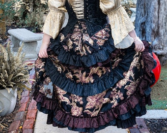 Royal Wild West Skirt, Embroidery with brown fancy ruffles  High-Low Ruffles, Women Pirate, Renaissance, Steampunk, Saloon Girl Skirt