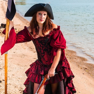 Burgundy w Black Shimmer Fancy Saloon Girl Skirt , Steampunk, Renaissance, Medieval, Victorian, Western, Costume, Wild West World, Ren Fest
