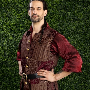 Burgundy Patchwork Fabric Vest, Steampunk, Waistcoat, Pirate, Cosplay, Victorian, Wedding, Men's, Reenactment, Scottish Highland, Vampire