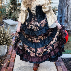 Royal Wild West Skirt, Embroidery with brown fancy ruffles  High-Low Ruffles, Women Pirate, Renaissance, Steampunk, Saloon Girl Skirt