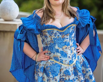 Ophelia Renaissance Dress, Blue Floral Court Gown, Handmade Fantasy Cosplay